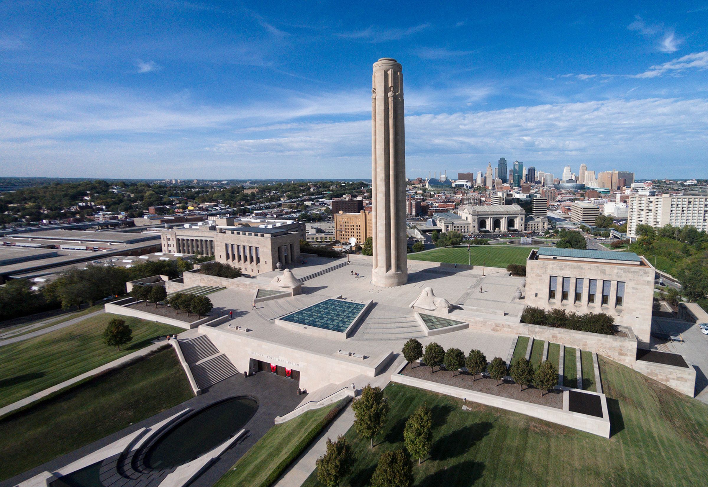 Downtown Kansas City skyline beyond the Liberty Memorial and Union Station